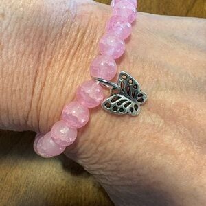 Butterfly Pink Bracelet Glass Beaded Stretch Bracelet Butterfly Charm